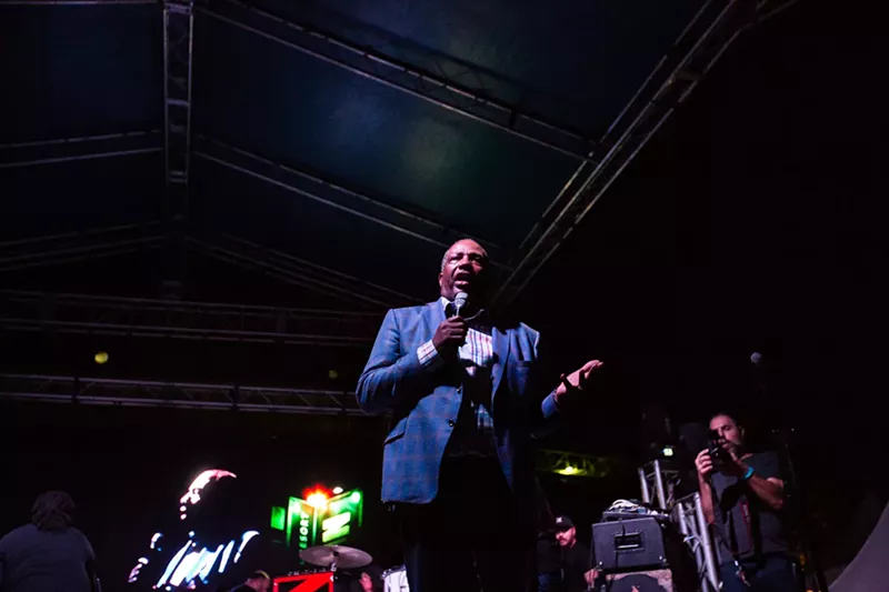 Image: Sen. Royce West speaks to a crowd at The Buffalo Tree Festival in 2018.