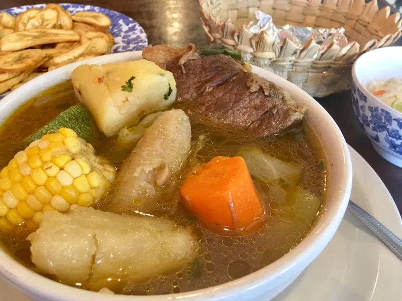 Image: San Pedro’s superb sopa de res, filled with yucca, chayote squash, cabbage, corn and banana.