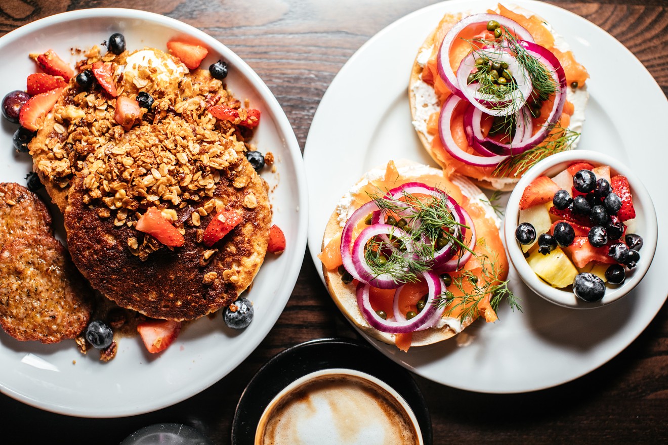 Pancakes with granola and housemade lox rise above at The Heights.