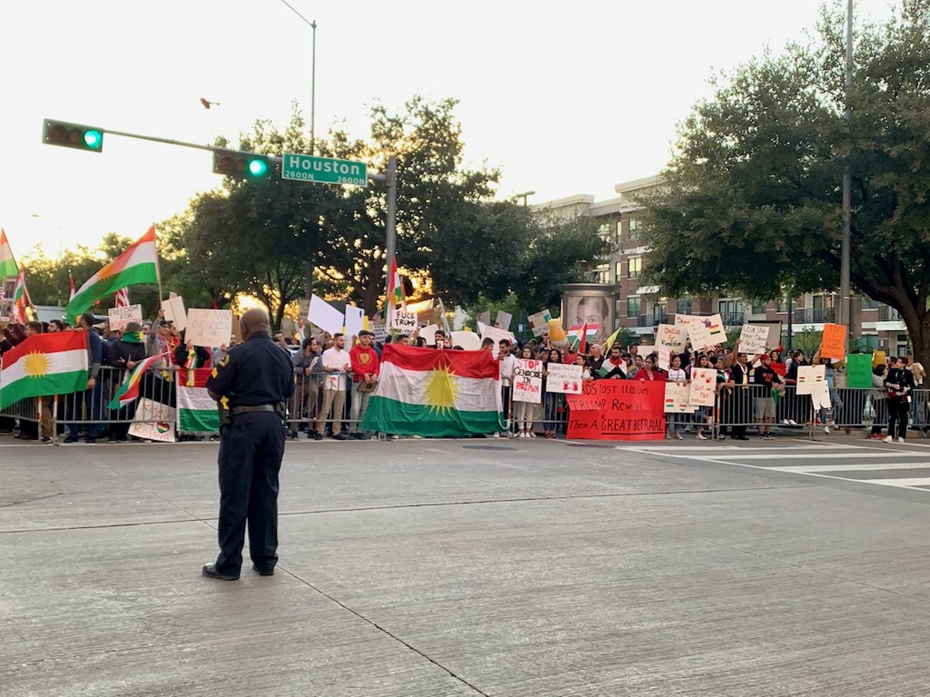 Kurdish American protesters line the streets during President Donald Trump's rally last month in Dallas.