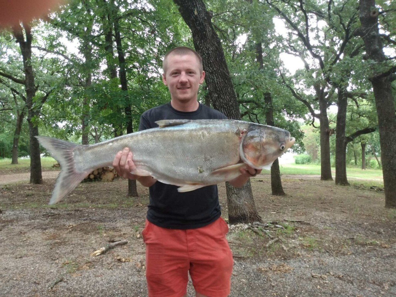 Stephen Banaszak holds an invasive silver carp he found roaming around Texas waters.