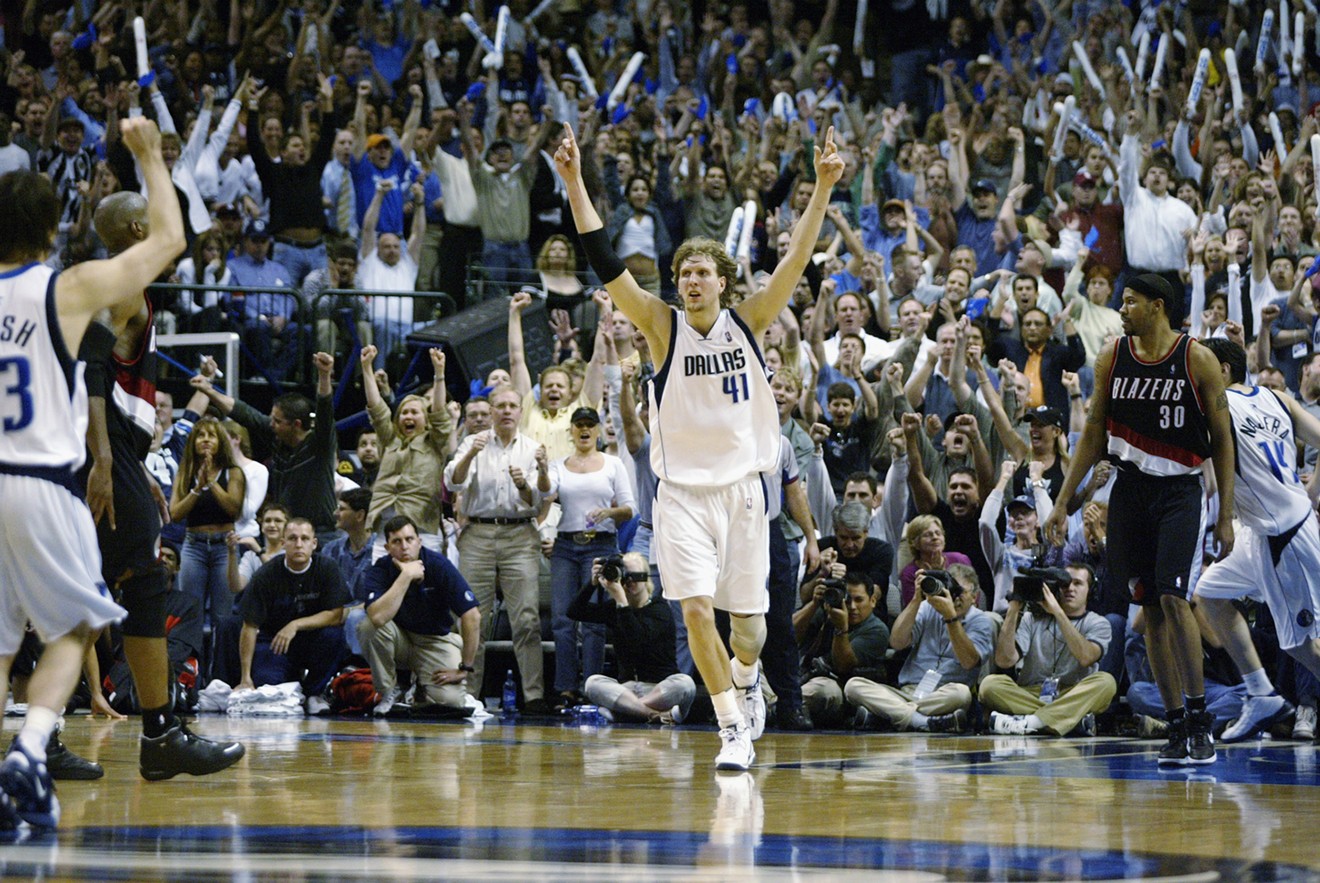 Dirk Nowitzki and Steve Nash (left) celebrate during the 2003 NBA playoffs.