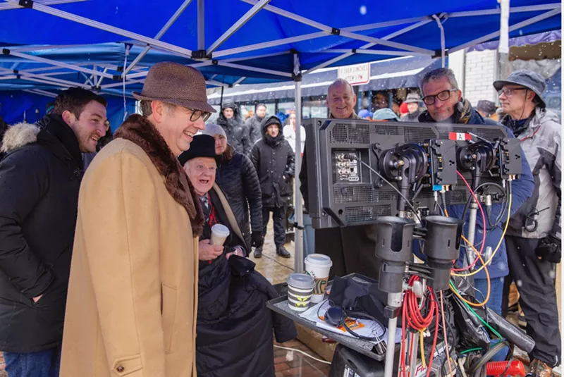 Image: Stephen Tobolowsky (second from left), Brian Doyle-Murray (third from left) and Bill Murray (third from right) watch some of the takes for a Super Bowl commercial they made for Jeep based on their roles from the classic 1993 comedy film Groundhog Day. They filmed the commercial in Woodstock, Illinois, where director Harold Ramis shot the original movie.