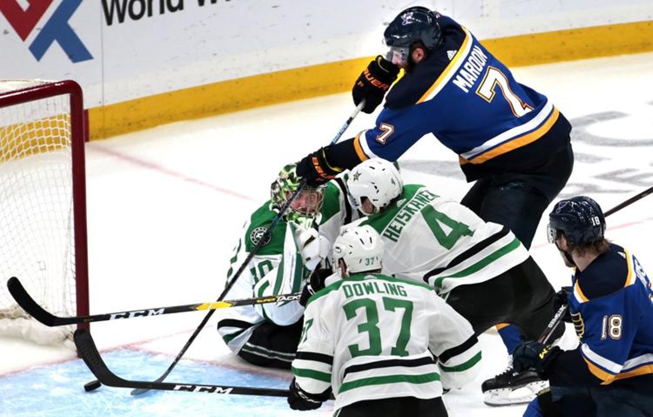Blues forward Pat Maroon reaches over Stars goalie Ben Bishop to knock in the series winner in the second overtime of Game 7.