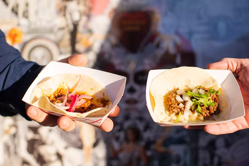 Image: Del Sur Tacos' conchinita pibil and barbacoa tacos