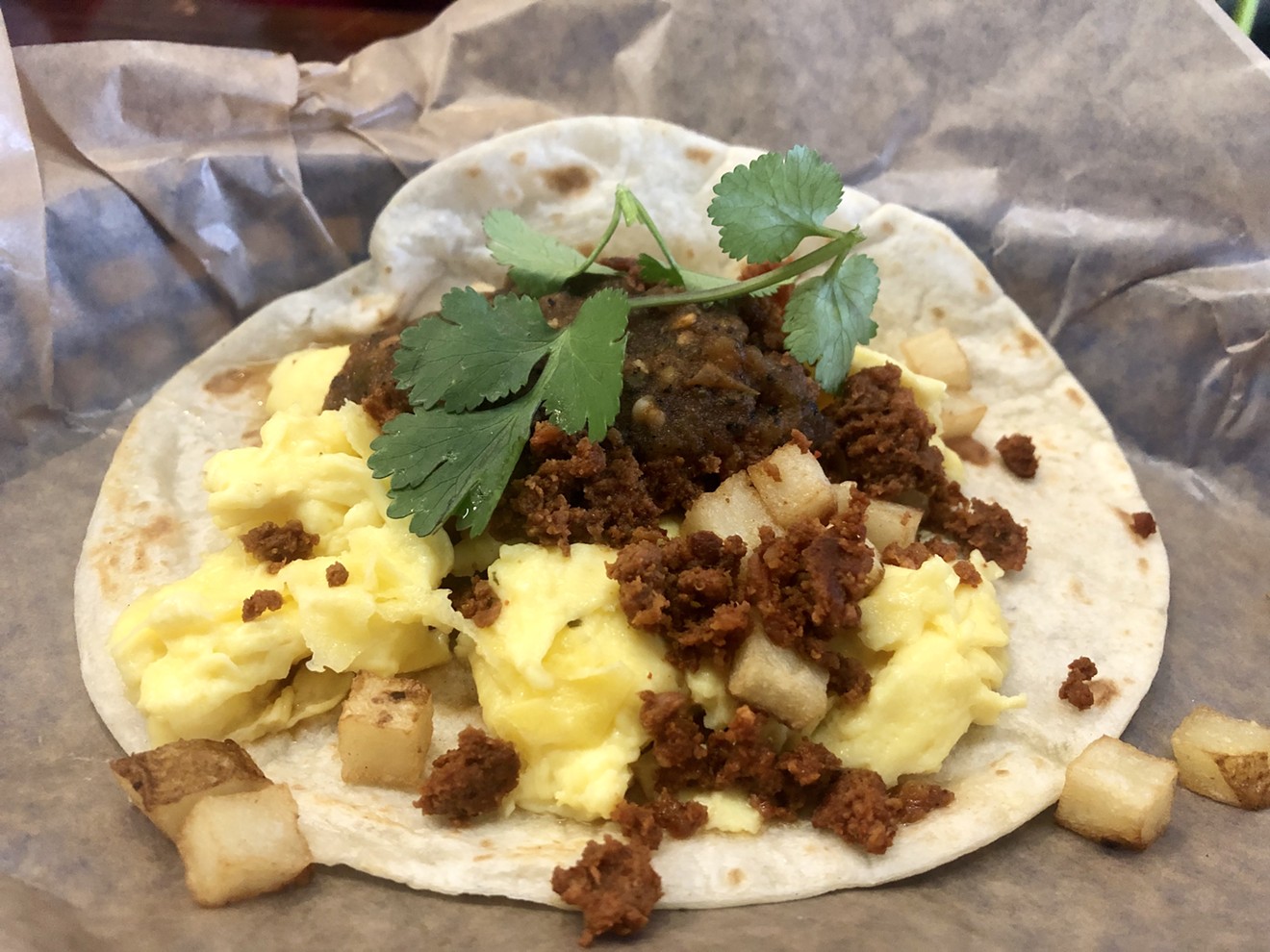Tacos Mariachi's chorizo breakfast taco. The taqueria's new Lower Greenville location now serves Saturday and Sunday brunch.