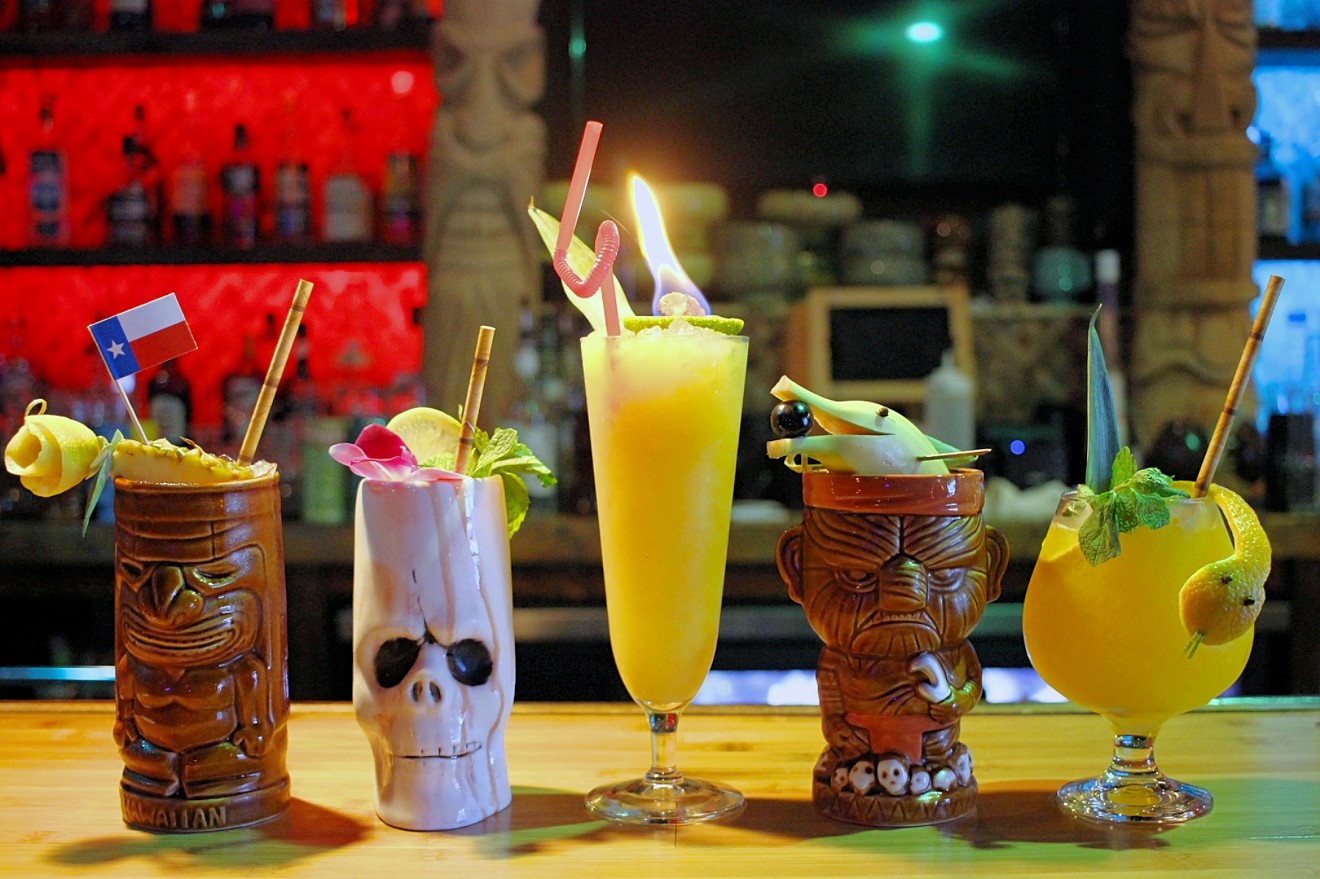 From left: the Yellow Rose, Zombie, Tiki Torch, Head Hunter and Cobra Fang at the new 4 Kahunas Tiki Lounge in Arlington.