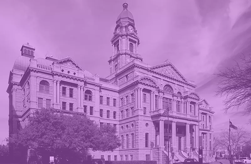 Image: A few weeks ago we slapped a blue filter over the Tarrant County Courthouse here. Well, their GOP begs to differ, so we'll go with mauve.