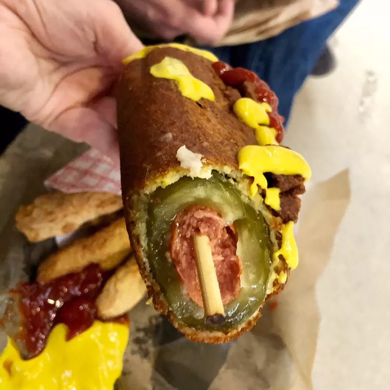Image: Behold the Dilly Dog, a corndog with a pickled twist and available at Rangers games this season at Globe Life Park in Arlington.