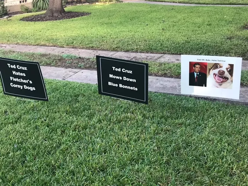 Image: "Ted Cruz hates Fletcher's Corny Dogs" — Oak Cliff resident John Bradley spotted a few interesting yard signs in his Kessler Plaza neighborhood.
