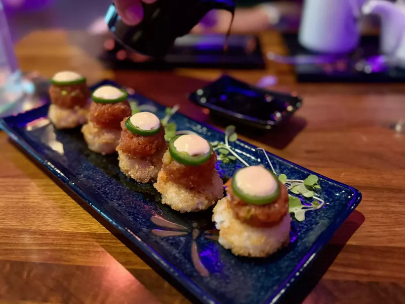 Image: Crispy rice topped with spicy tuna, jalapeños and sriracha mayo.