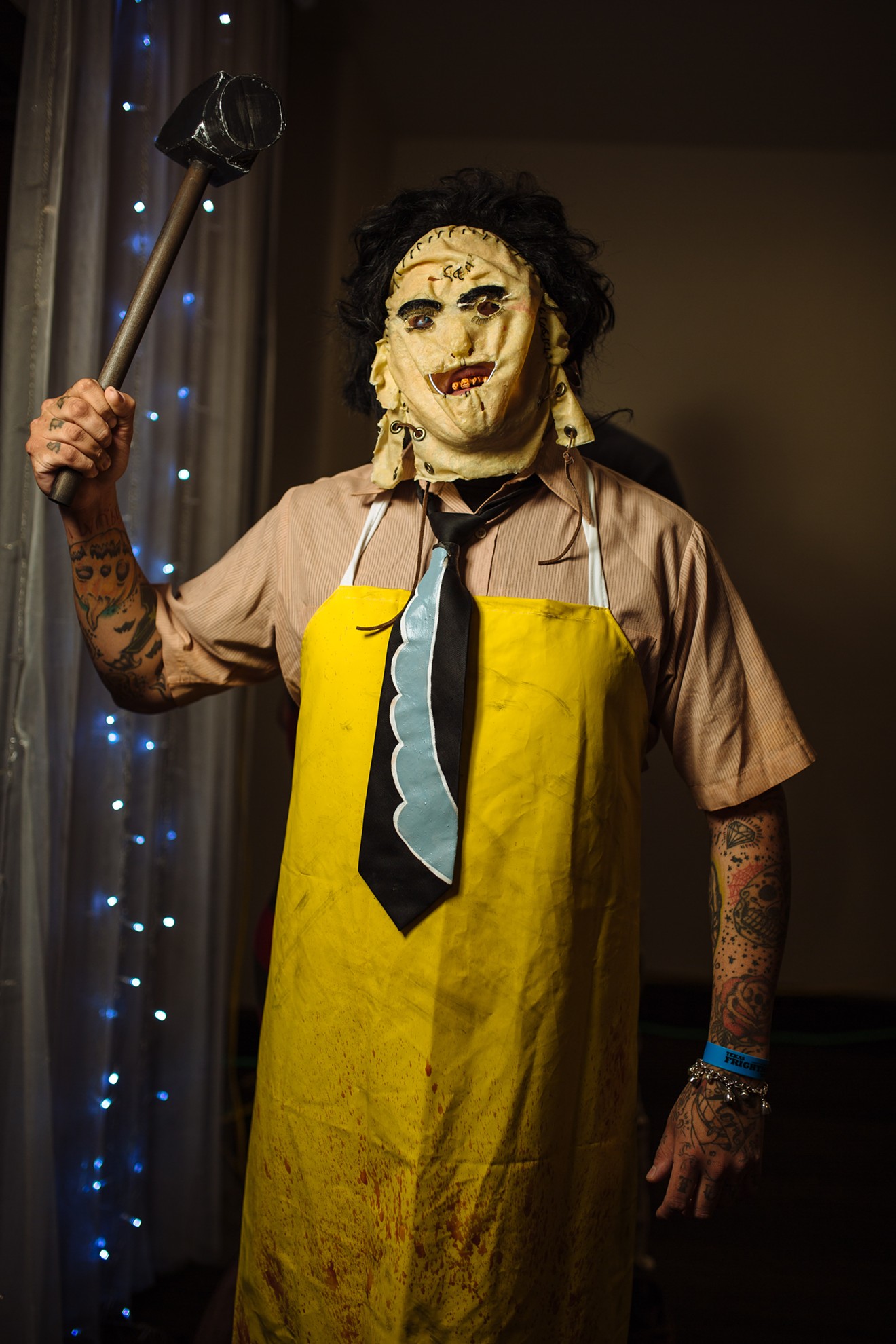 An attendee of the 2017 Texas Frightmare Weekend dresses up as Leatherface, the screeching, chainsaw-wielding member of the Sawyer family from The Texas Chain Saw Massacre. 
