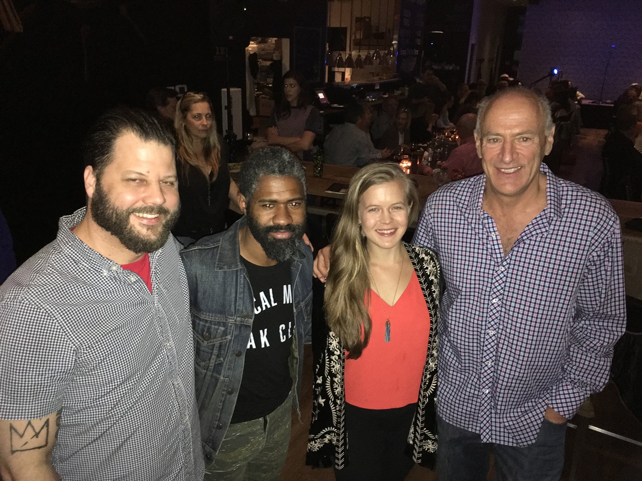 L to R: Cafe Momentum founder and CEO Chad Houser, musicians Kirk Thurmond and Emily Elbert and Rangers broadcaster Eric Nadel