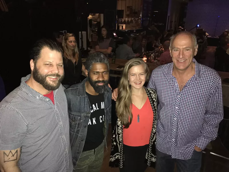 Image: L to R: Cafe Momentum founder and CEO Chad Houser, musicians Kirk Thurmond and Emily Elbert and Rangers broadcaster Eric Nadel