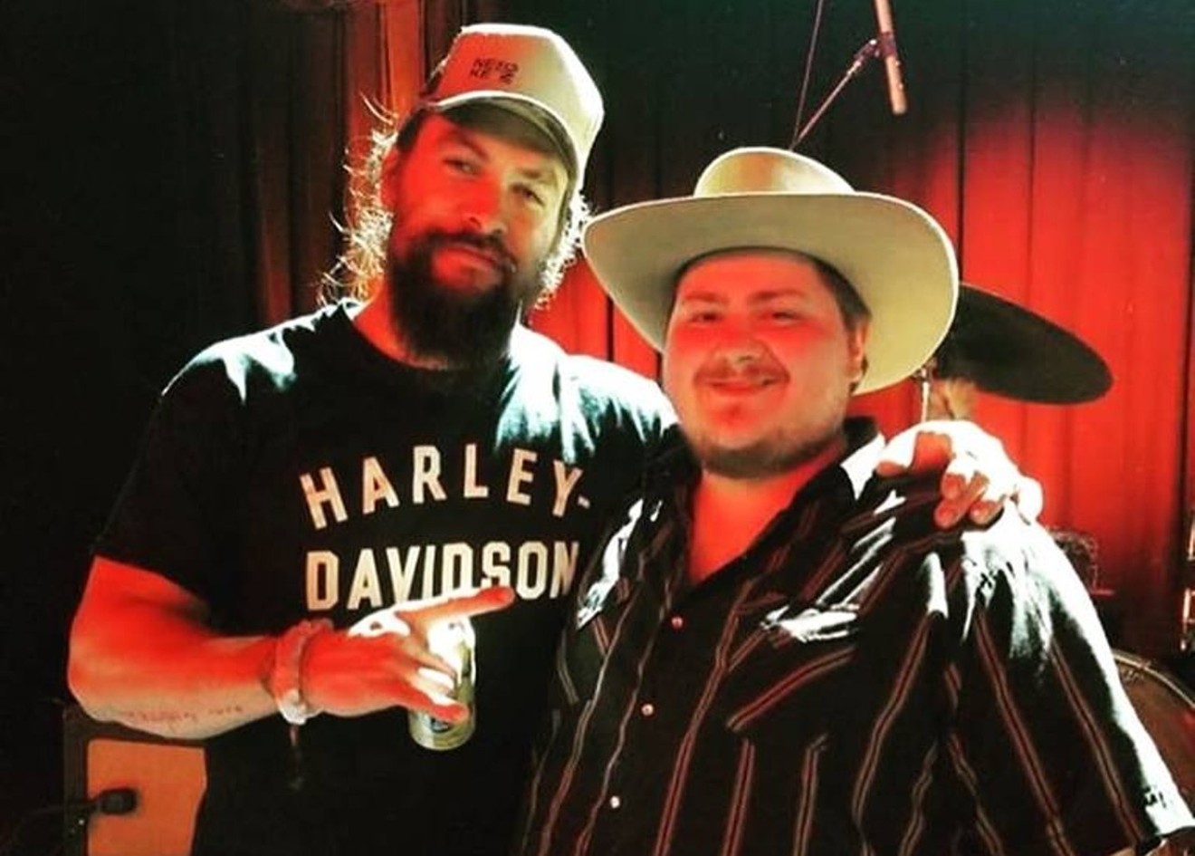 Aquaman Jason Momoa (left) is a fan and supporter of Fort Worth's Vincent Neil Emerson (right), who's playing at Legacy Hall on Friday night, probably without Aquaman. But you never know.