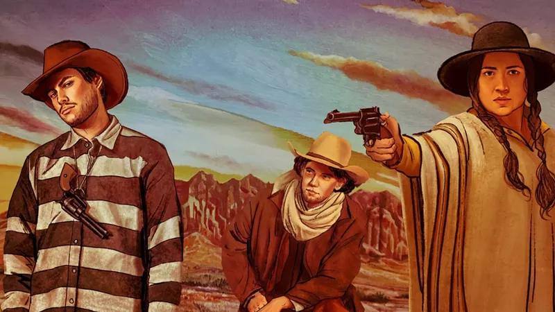 Image: Kiowa Gordon, John Way and Lily Gladstone star in the live-action/animated western Quantum Cowboys.