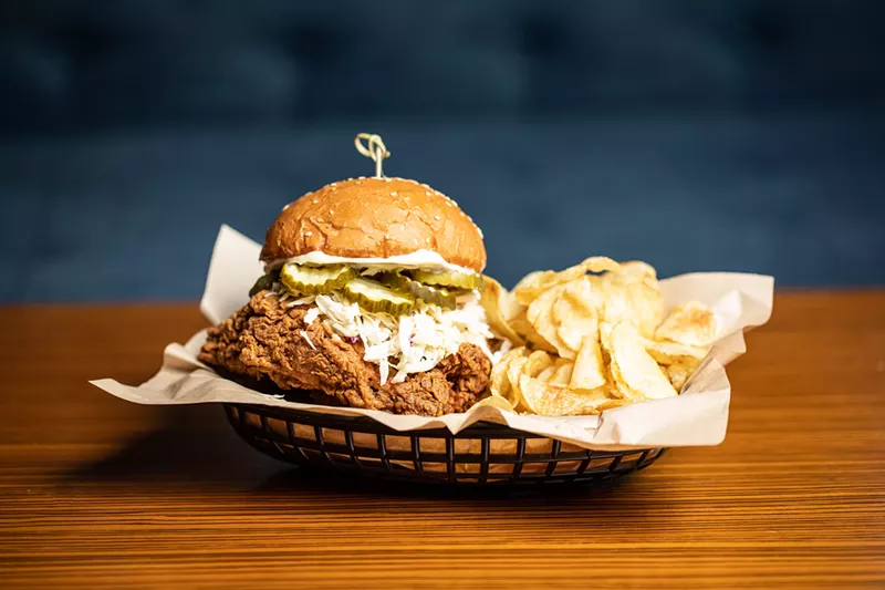 Image: The pickle-brined and fried chicken sandwich at Cedar Springs' Roy G's.