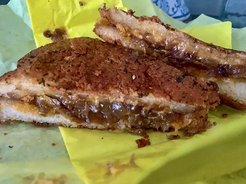 Image: The $5.49 grilled cheese, customized with caramelized onions, on Texas toast fried with Parmesan and parsley