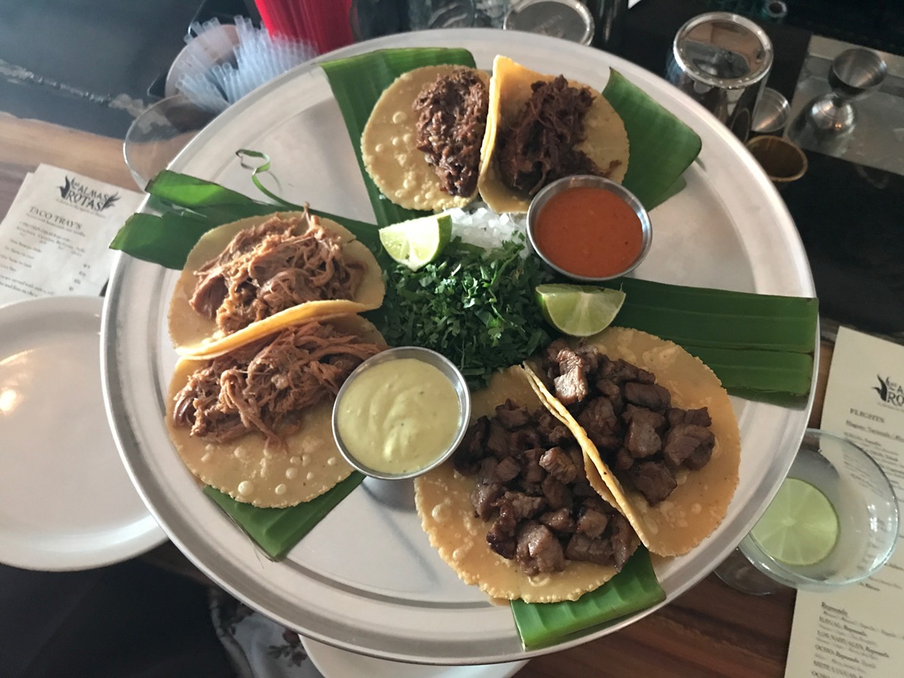 Las Almas Rotas' taco trays are stocked with fresh, housemade tortillas filled with juicy, flavorful fillings like arrachera (steak), al pastor (pork) and vegetarian options.