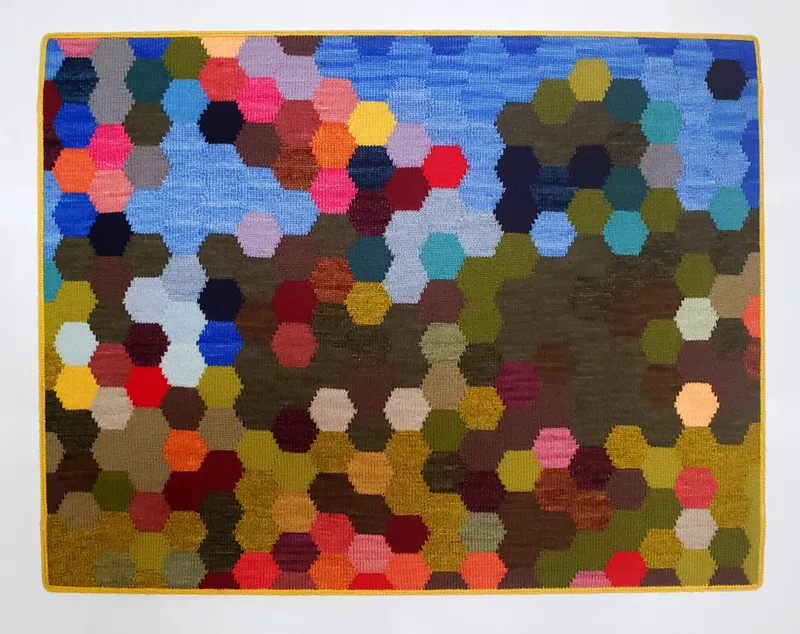 Image: Rusty Scruby's "Thanksgiving," 2022. Various wool yarns from indie dyers, hand-knit using the intarsia technique.