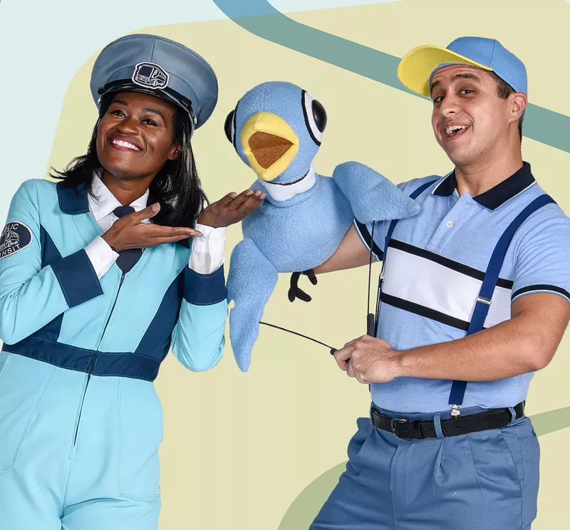 Image: Myiesha J. Duff (left) and Michael Alonzo star in Don't Let the Pigeon Drive the Bus! The Musical at the Dallas Children's Theater.