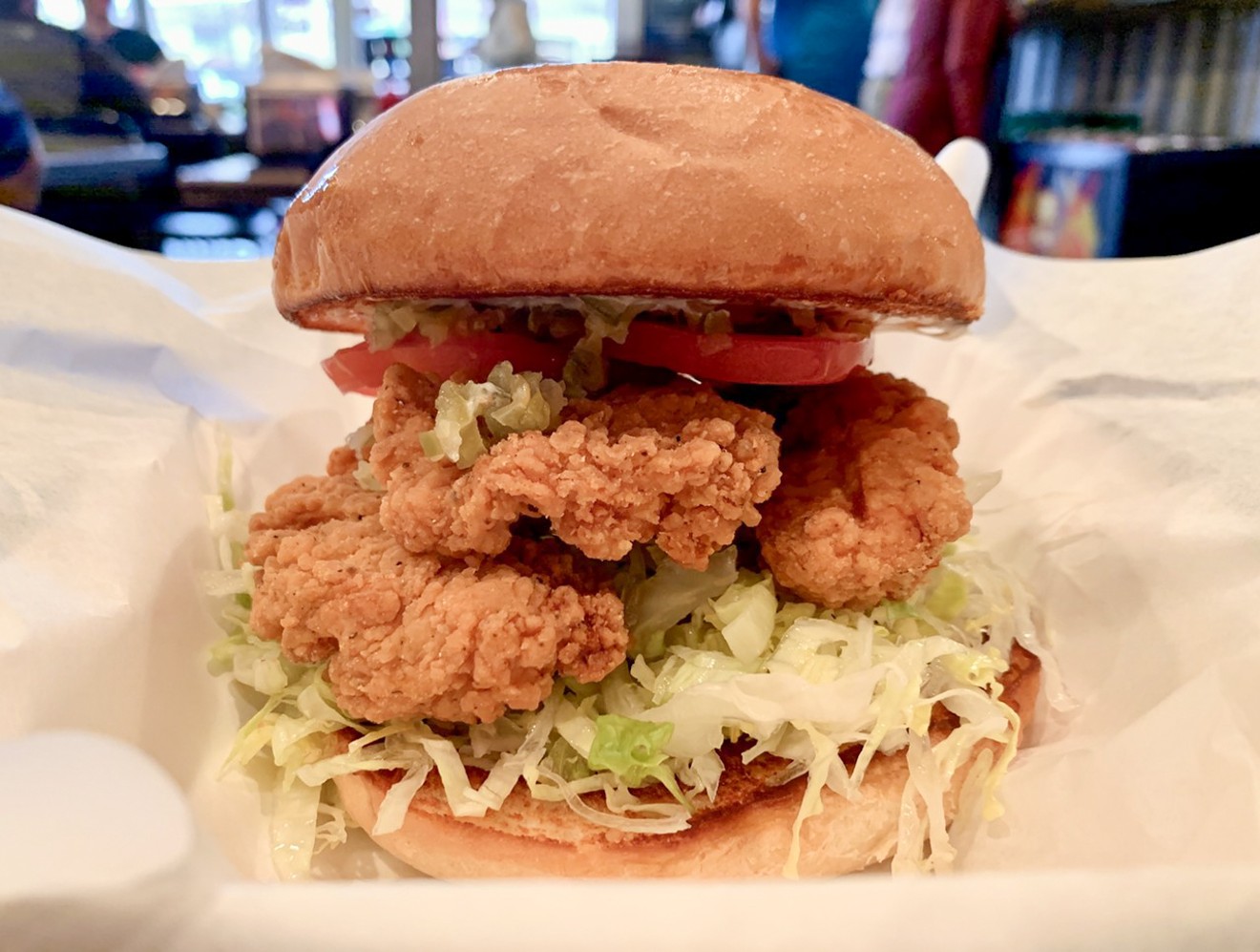 The $7.95 fried tenders sandwich at Maple and Motor with shredded lettuce, tomato and mayo