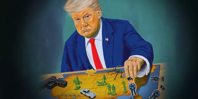 Image: an illustration of trump at a game board shaped like the united states, moving cops and army pieces around