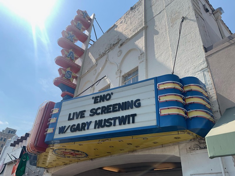 The Texas Theatre marquee advertising the Eno documentary screening and Q&A.