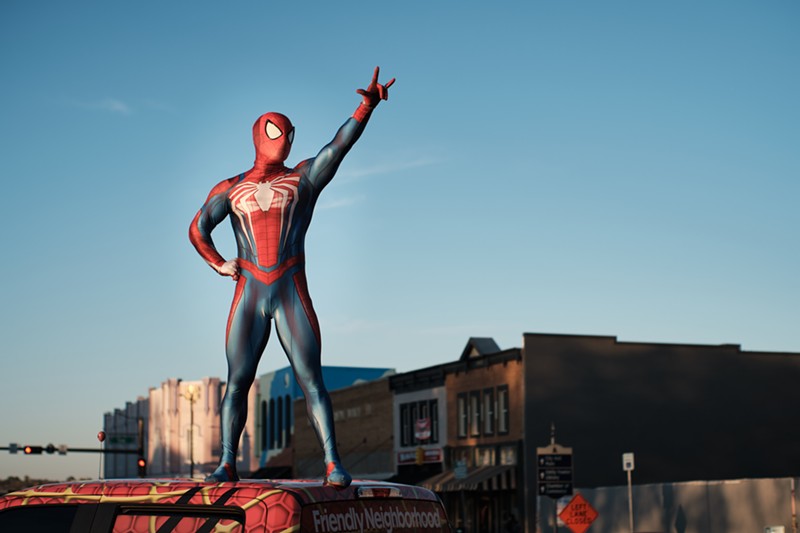 The Denton Spider-Man is dead-set on spreading cheer.