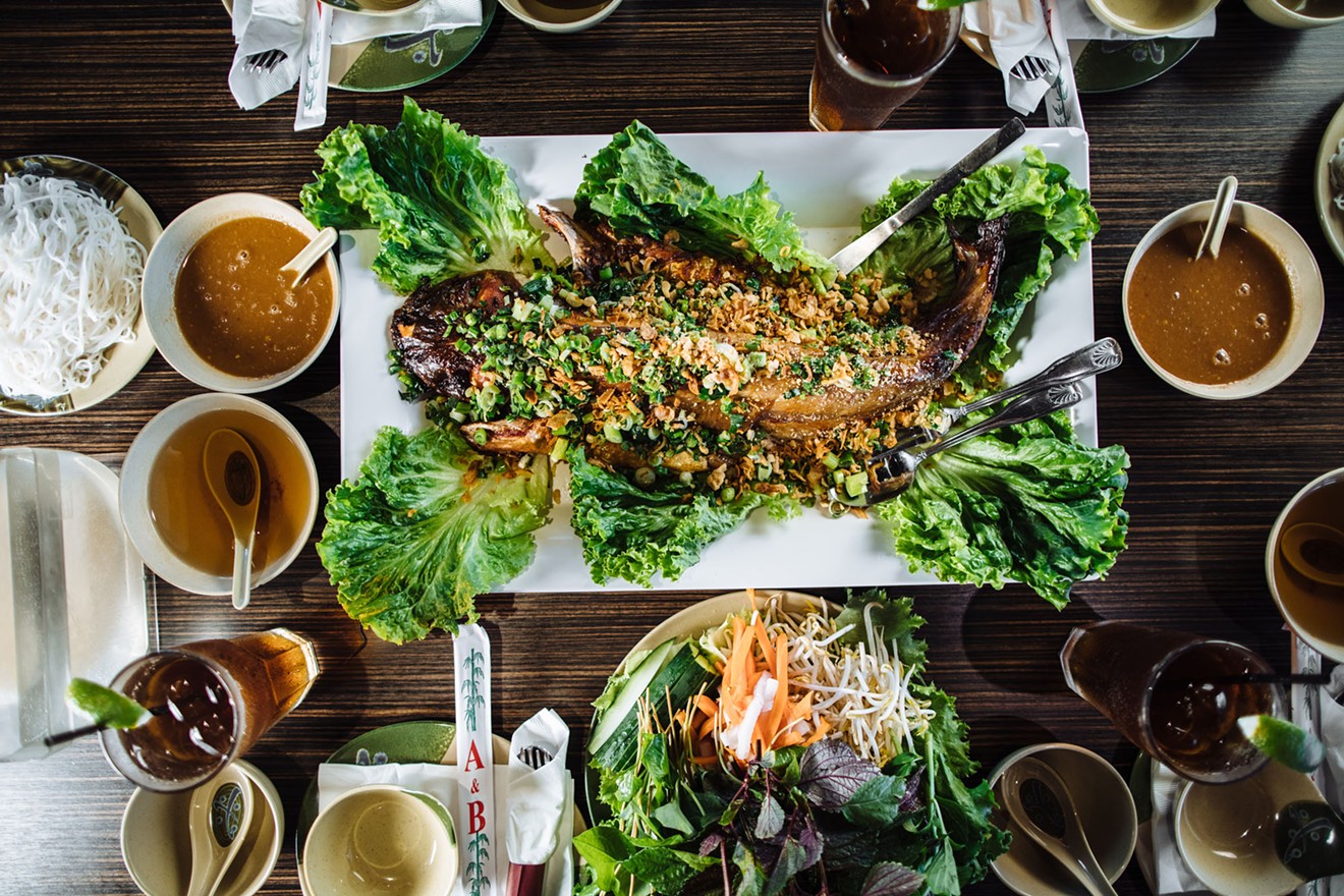 Saigon Block's whole catfish comes in three size:  medium ($40), large ($47) and extra-large ($54). The medium size is enough to easily feed four.