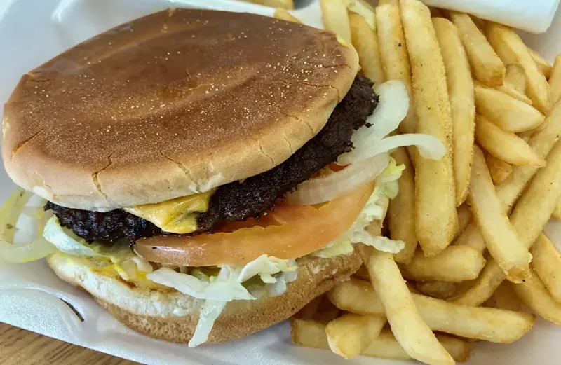 Image: Grilled cheeseburger with seasoned fries from Crown Deli