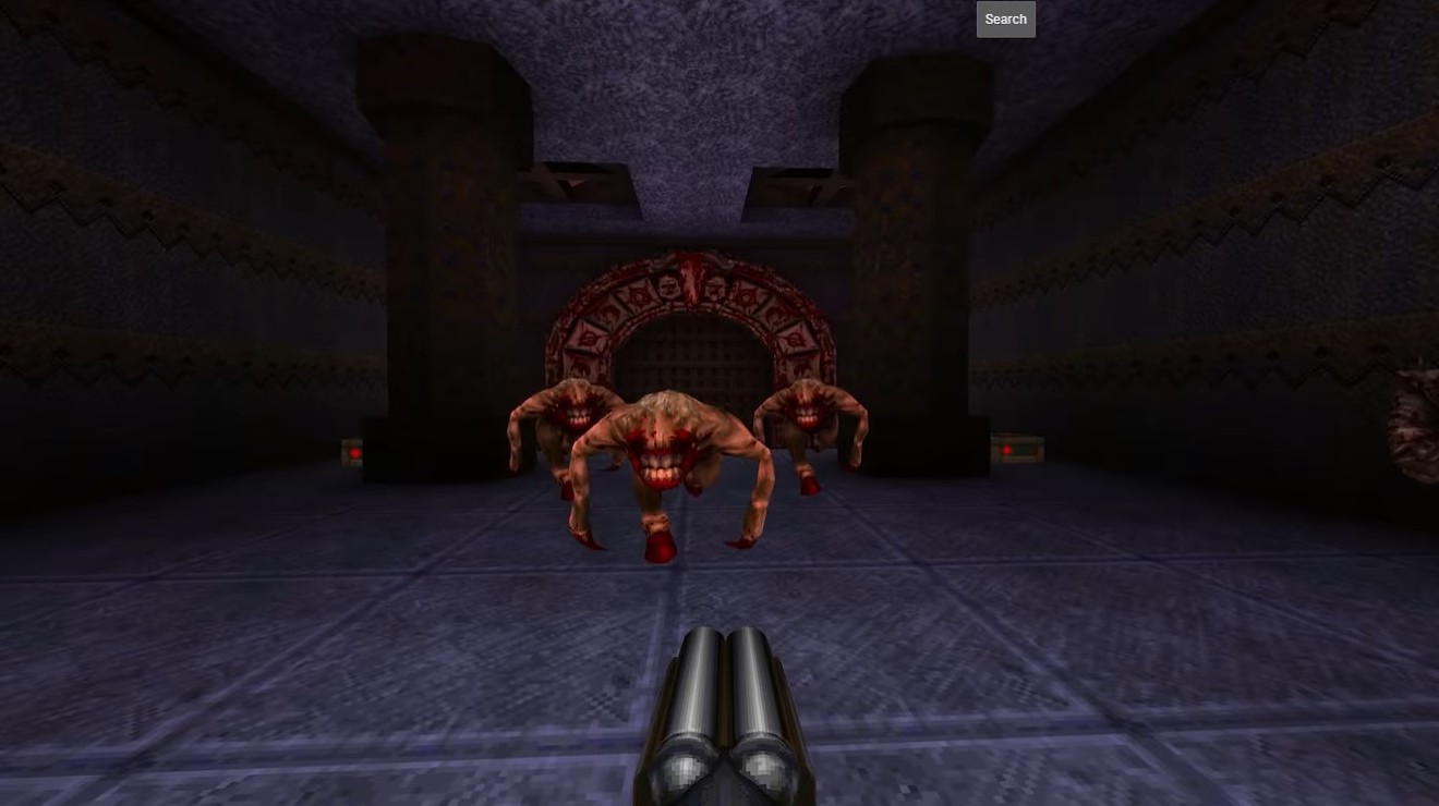 A player stares down a herd of Fiends with a double-barrel shotgun in Quake, the classic first-person shooter re-released during QuakeCon.