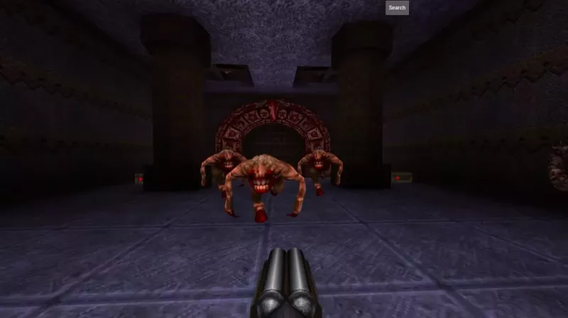 Image: A player stares down a herd of Fiends with a double-barrel shotgun in Quake, the classic first-person shooter re-released during QuakeCon.