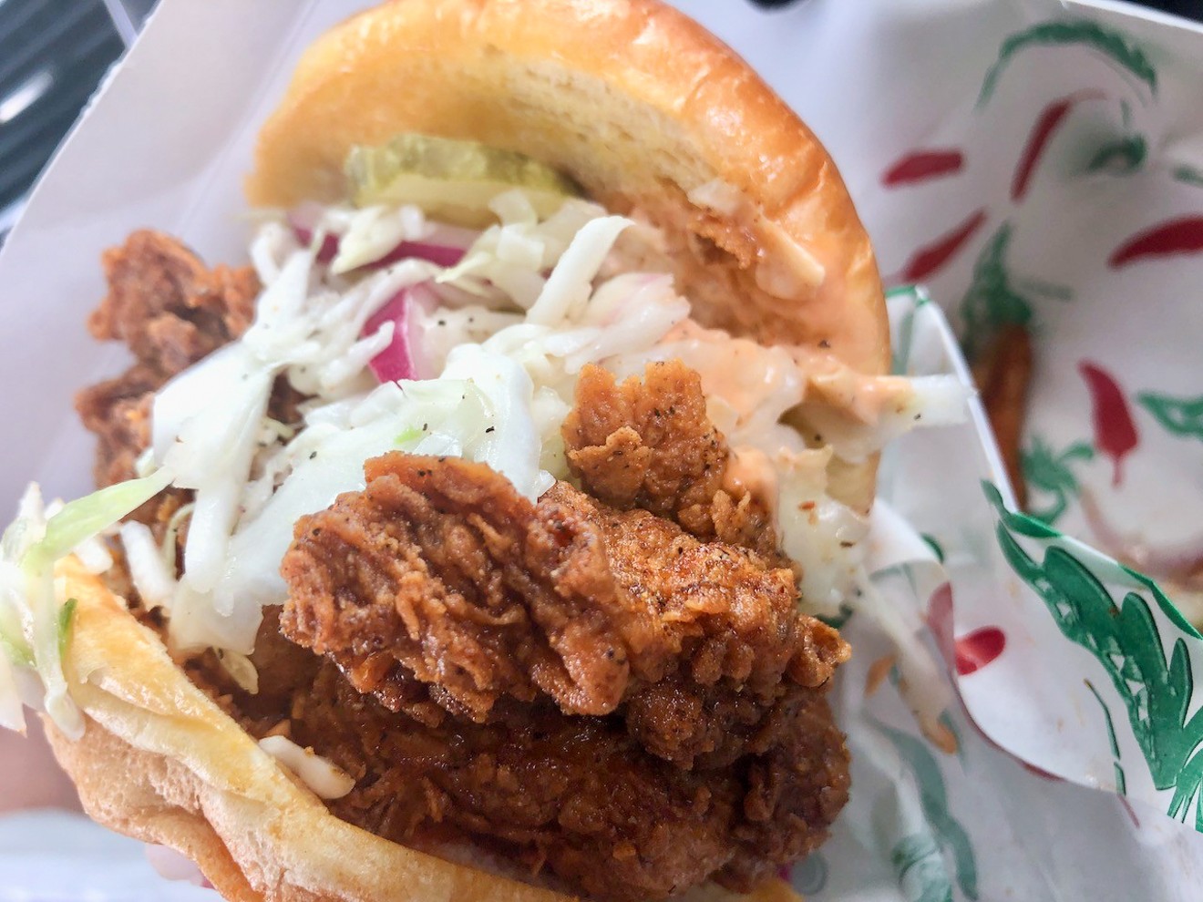 Red Claws' Nashville hot chicken sandwich: It's a bit hard to handle, we but promise you'll figure it out.