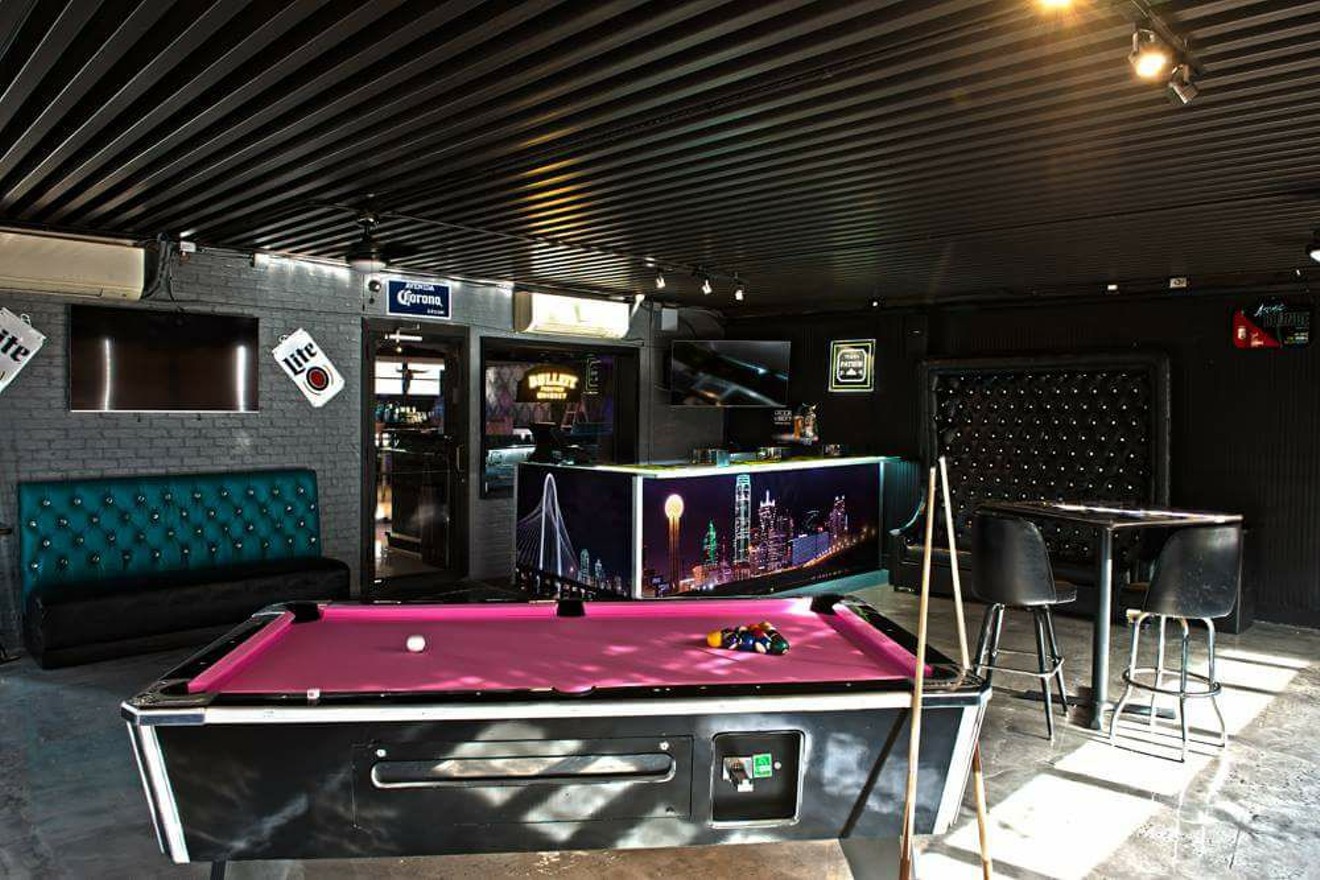 The game room has a pink pool table and a few arcade games, including Galaga.