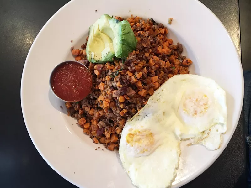 Image: This massive off-menu bowl of sweet potato hash, eggs, avocado and the protein of your choice is a favorite for the paleo-friendly, CrossFitting Dallas protein aficionado.