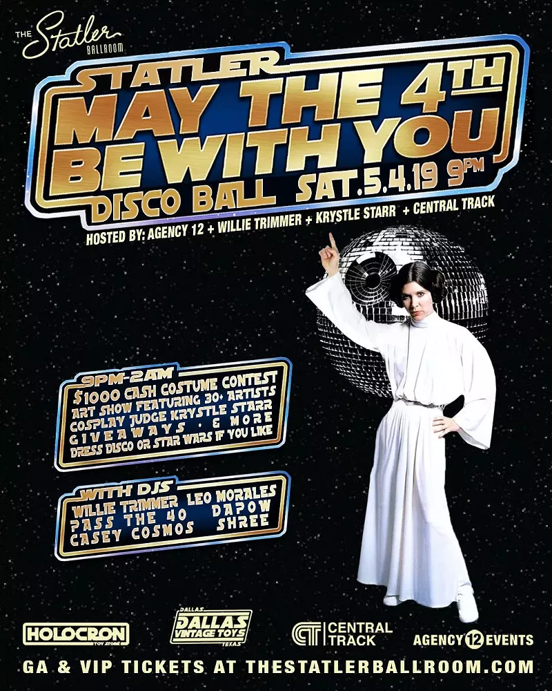 Image: Carrie Fisher, dressed as her iconic character Princess Leia, points to the name of The Statler's Star Wars themed disco party so you won't forget it.