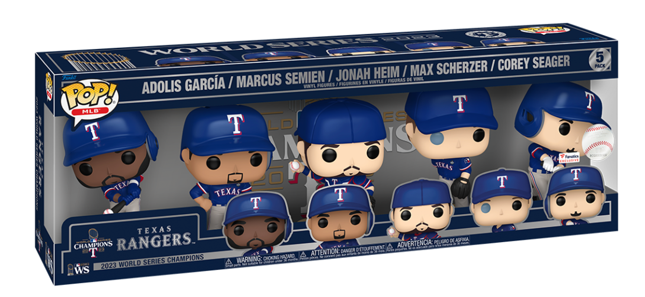 The new Rangers Funko Pop dolls: Adolis Garcia, Marcus Semien, Jonah Heim, Max Scherzer and Corey Seager.