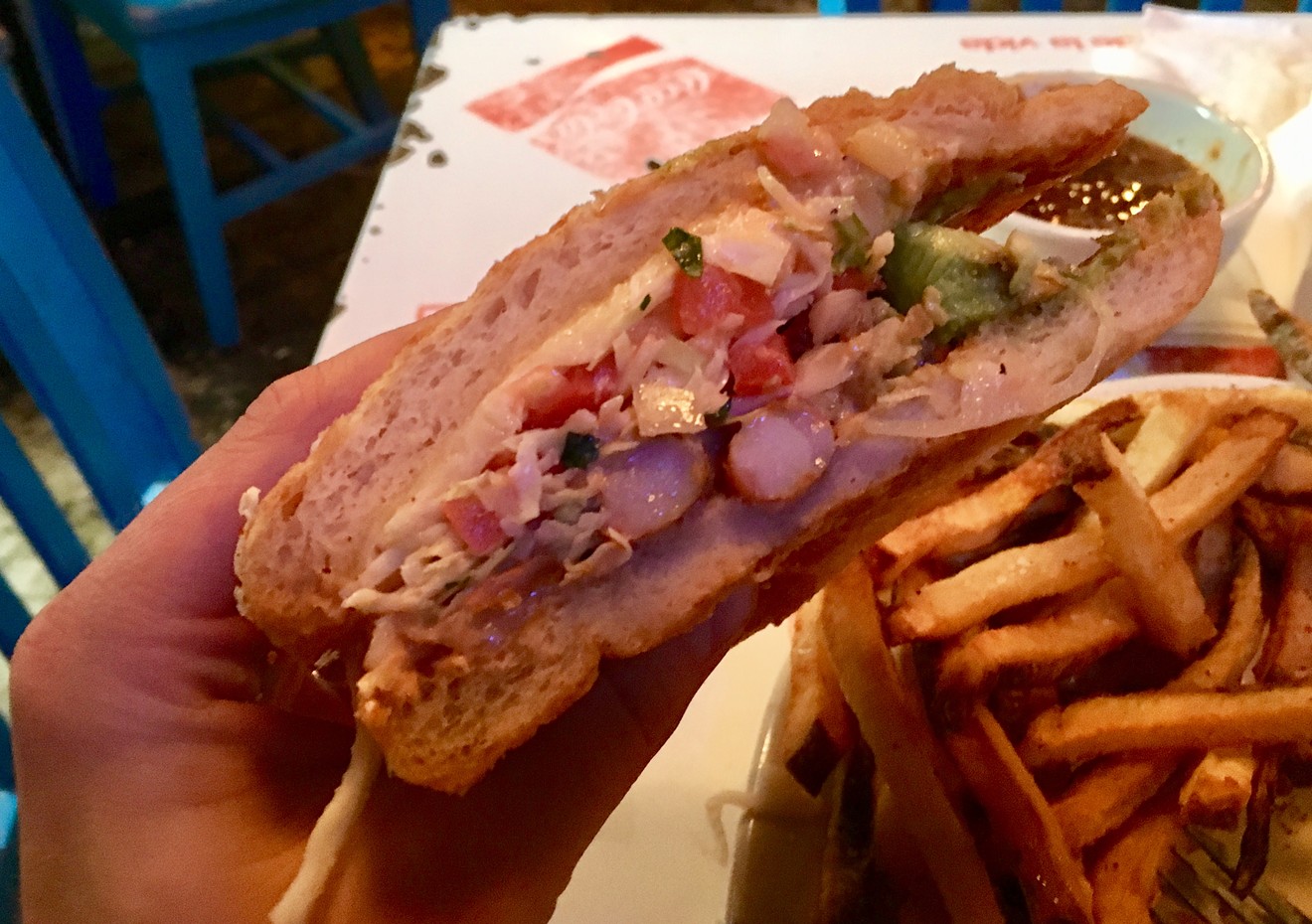 The tortas at Palpas come with shrimp, or fried or grilled fish at Palapas for $12 (with fries).