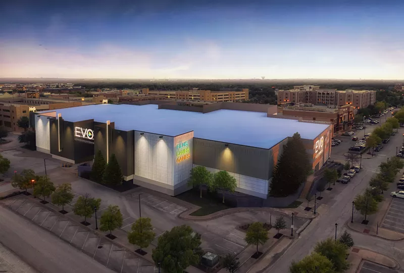Image: An artist rendering of the giant EVO Entertainment Group theater under construction in Plaza Place at Southlake.
