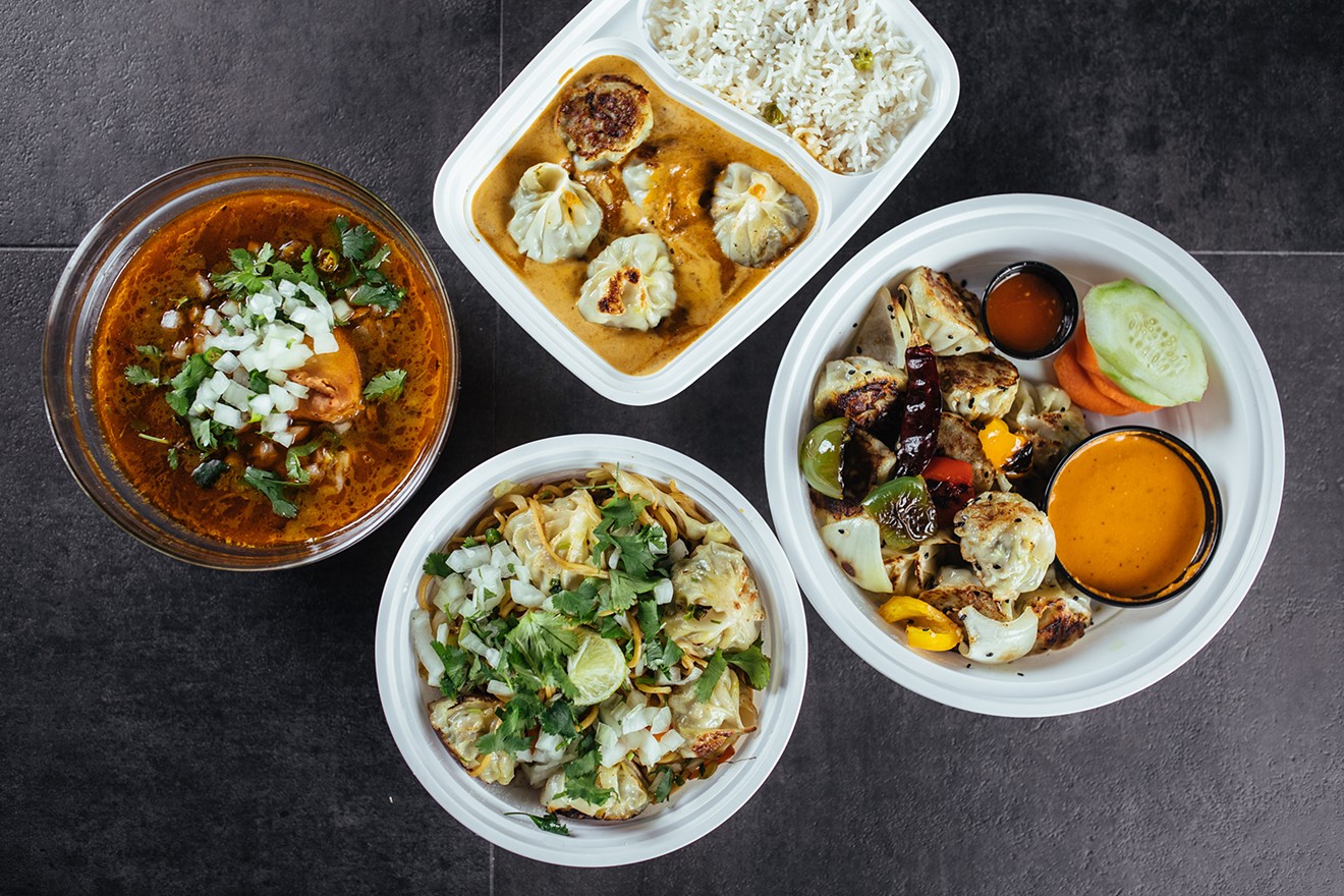 (Clockwise from top left): butter chicken momo, Jhaneko chicken momo, mo mein, Chhola samosa at Momo To Go in Irving. But find such treats in Grapevine this weekend.