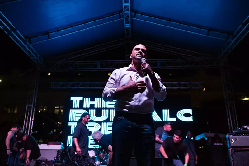 Image: U.S. Rep. Colin Allred speaks at the Buffalo Tree Festival in Dallas in October.