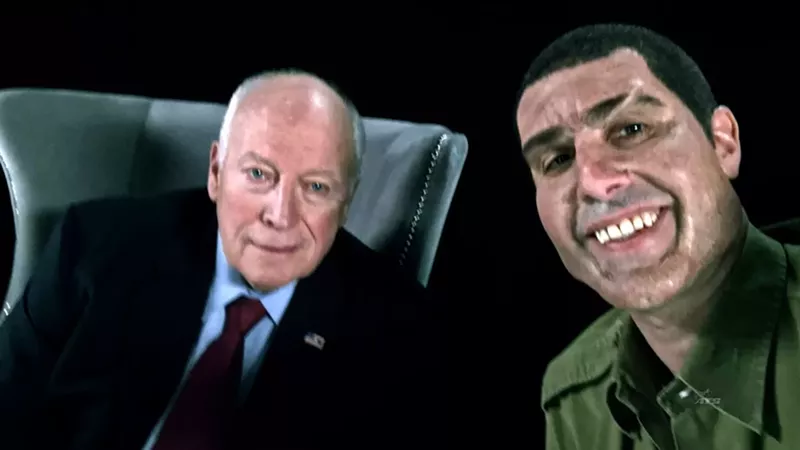 Image: With heavy prosthetics, Sacha Baron Cohen (right) uses the guise of Israeli terrorism expert Col. Erran Morad to prank Dick Cheney and others in Who Is America?, a Showtime series that premiered in July.