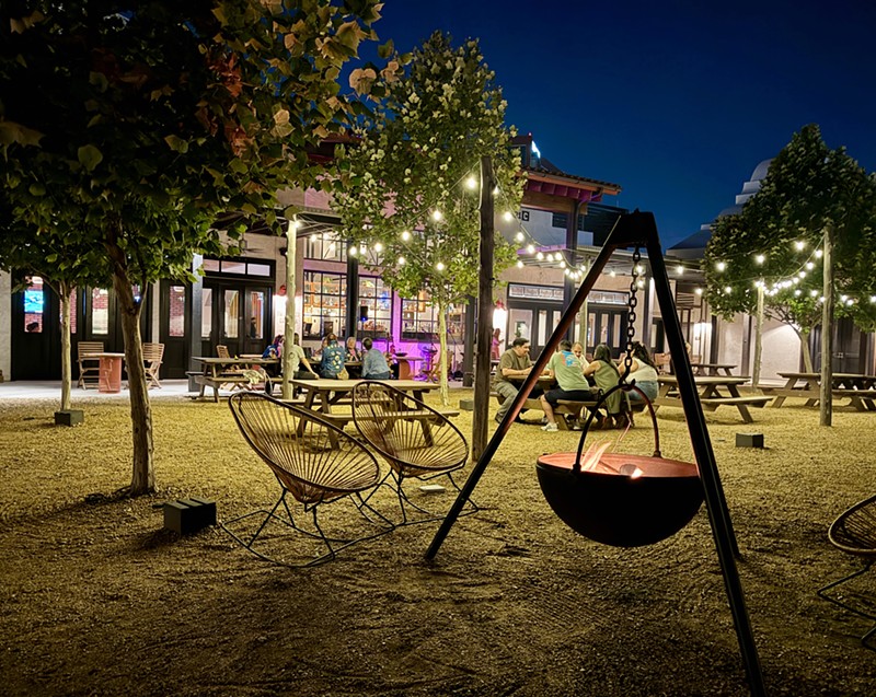 After dinner, hang out at one of the fire pits in the large courtyard outside Two Mules Cantina.