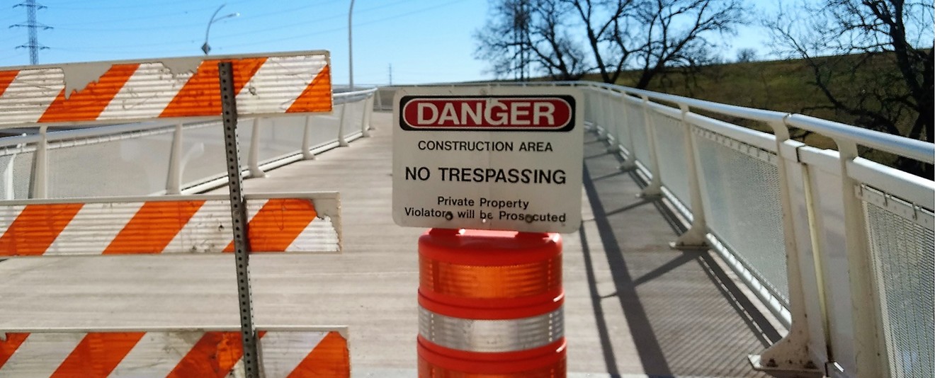 Everybody's pointing fingers about the completed but still-unopened Calatrava pedestrian bridge across the Trinity River. But the city says it will arrest you if you walk on it.