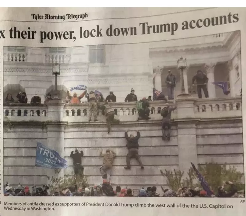 Image: Editors at the Tyler Morning Telegraph were hammered by readers after the paper's Friday edition included this photo of rioters at the Capitol along with a caption peddling a false claim they were members of antifa.