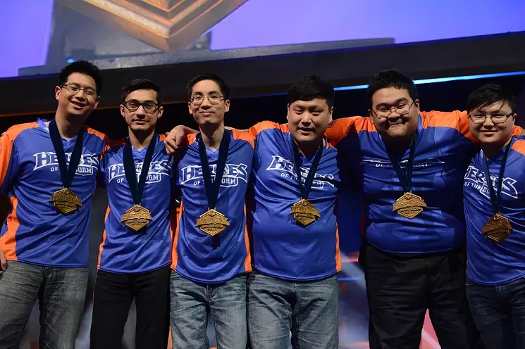 The UTA team celebrates its victory playing Heroes of the Storm in Las Vegas. - COURTESY BLIZZARD GAMES