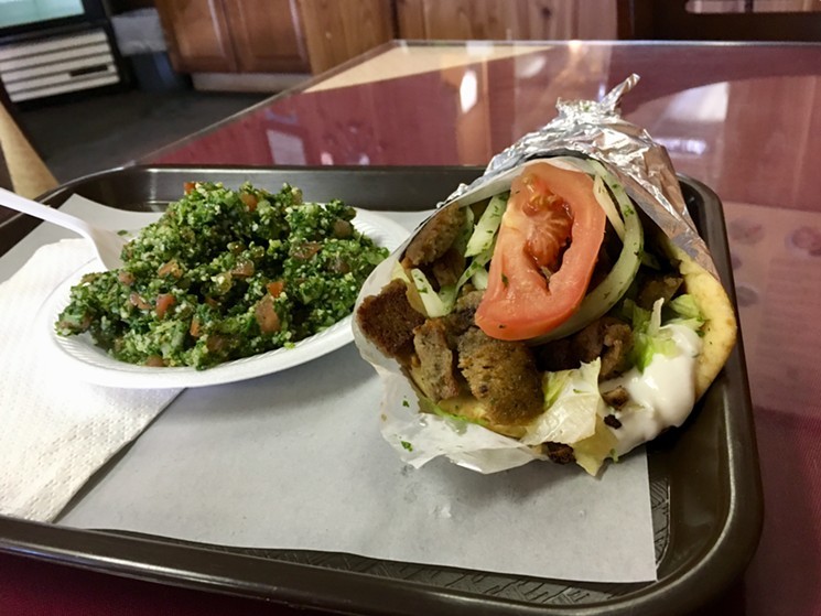 A simple, unadorned lamb and beef gyro and a must-have side of fattoush salad are less than 10 bucks. - NICK RALLO