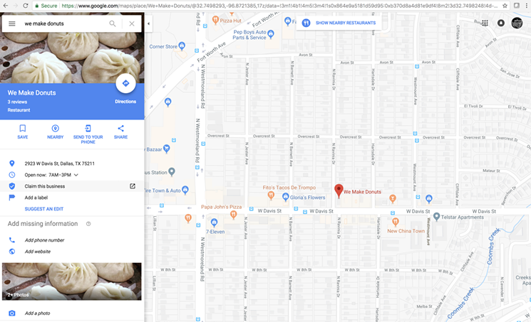 This is how We Make Donuts appeared on the map during its 18-hour existence. Those dumplings are actually from Shanghai Dumpling in Cupertino, California. (Photo by Brian Reinhart) - GOOGLE MAPS SCREENSHOT BY BRIAN REINHART