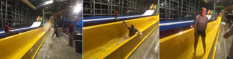 Grand Prairie Mayor Ron Jensen takes the inaugural ride on the Lasso Loop water slide at the pre-grand opening party for Epic Waters indoor water park. He called it "fast." - DANNY GALLAGHER